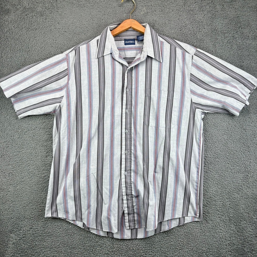 Vintage Puritan Mens Large Striped Short Sleeve Button Down Shirt Single Stitch